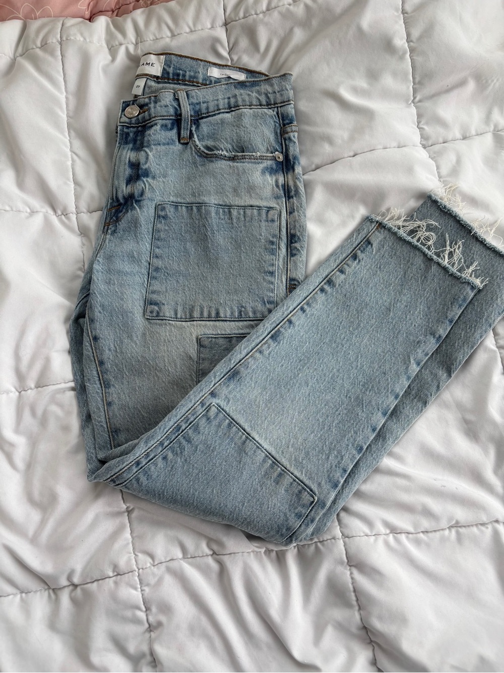FRAME Le Garcon Jeans 27 Light Wash Distressed Patchwork Raw Hem